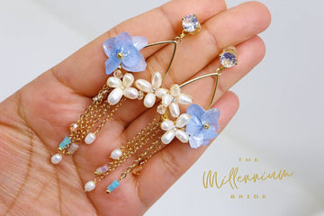 Real Immortal Blue White Flower Freshwater Pearls Crystal Earrings, Long Bridal Jewelry, Bridal Earrings Statement Earrings Cz